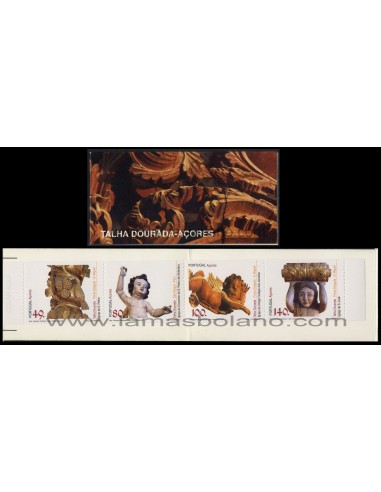 SELLOS DE AZORES 1997 - ESCULTURAS EN MADERA DORADA - 4 VALORES DENTADO HORIZONTALMENTE - CARNET