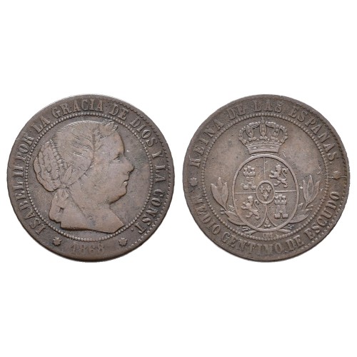 Isabel II 1868 ½ Céntimo de Escudo Barcelona OM MBC-
