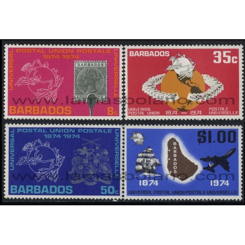 SELLOS DE BARBADOS 1974 - CENTENARIO DE LA UPU - 4 VALORES - CORREO