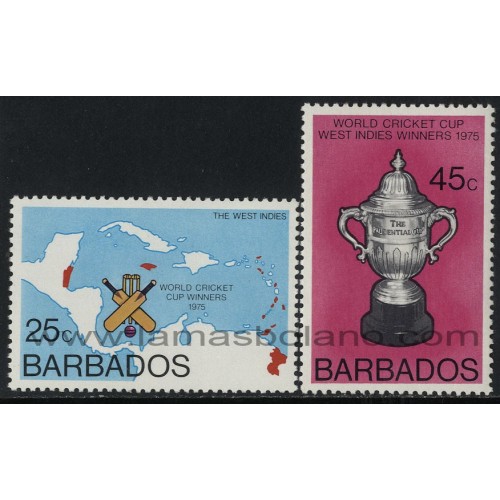 SELLOS DE BARBADOS 1976 - VICTORIA EN LA COPA MUNDIAL DE CRICKET DE LAS INDIAS OCCIDENTALES - 2 VALORES - CORREO