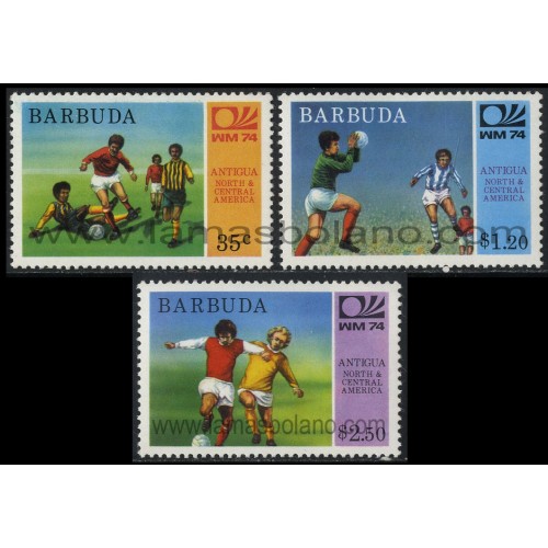 SELLOS DE BARBUDA 1974 - COPA DEL MUNDO DE FUTBOL DE MUNICH - 3 VALORES - CORREO