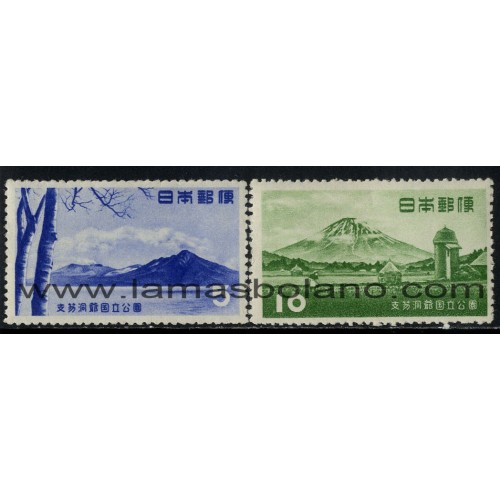 SELLOS DE JAPON 1953 - PARQUE NACIONAL DE SHIKOTSU TOYA - 2 VALORES SEÑAL FIJASELLO - CORREO