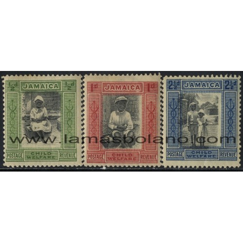 SELLOS DE JAMAICA 1923 - A FAVOR DE LA PROTECCION DE LA INFANCIA INDIGENA - 3 VALORES LIGERA SEÑAL FIJASELLO VALOR 1/2 - CORREO