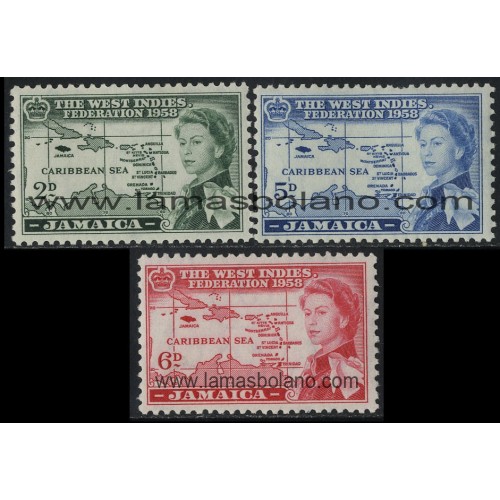 SELLOS DE JAMAICA 1958 - FEDERACION DE LAS INDIAS OCCIDENTALES - 3 VALORES - CORREO