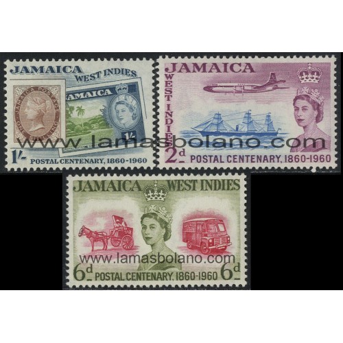 SELLOS DE JAMAICA 1960 - CENTENARIO DEL SELLO JAMAICANO - 3 VALORES SEÑAL FIJASELLO - CORREO