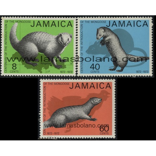 SELLOS DE JAMAICA 1973 - CENTENARIO DE LA INTRODUCCION DE LA MANGOSTA EN JAMAICA - 3 VALORES - CORREO