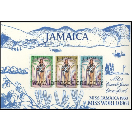 SELLOS DE JAMAICA 1964 - MISS MUNDO 1963 CAROLE JOAN CRAWFORD - HOJITA BLOQUE
