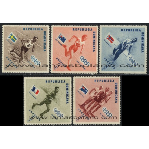 SELLOS DE DOMINICANA 1957 - OLIMPIADA DE MELBOURNE CAMPEONES ACTUALES Y BANDERAS DE LOS PAISES - 5 VALORES - CORREO