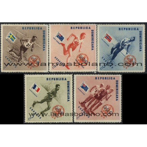 SELLOS DE DOMINICANA 1957 - OLIMPIADA DE MELBOURNE - LORD BADEN POWELL - 5 VALORES CON SOBRECARGA ROJA - CORREO