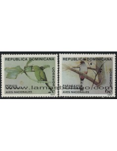 SELLOS DE DOMINICANA 1979 - ARATINGA CHLOROPTERA - TEMNOTROGON ROSEIGASTER - PAJAROS - 2 VALORES - CORREO
