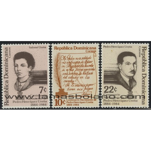 SELLOS DE DOMINICANA 1984 - PEDRO HENRIQUEZ URENA CENTENARIO DEL NACIMIENTO - 3 VALORES - CORREO