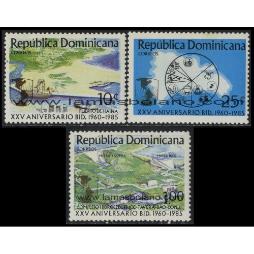 SELLOS DE DOMINICANA 1985 - BANCO INTERAMERICANO DE DESARROLLO 25 ANIVERSARIO - 3 VALORES - CORREO