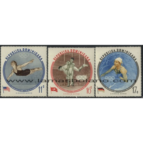 SELLOS DE DOMINICANA 1960 - OLIMPIADA DE ROMA - CAMPEONES OLIMPICOS DE MELBOURNE - 3 VALORES - AEREO