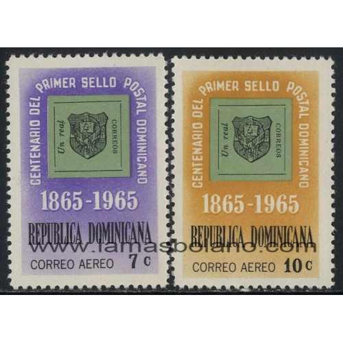 SELLOS DE DOMINICANA 1965 - CENTENARIO DEL SELLO POSTAL DOMINICANO - 2 VALORES - AEREO