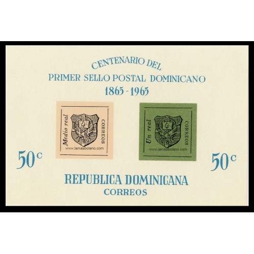 SELLOS DE DOMINICANA 1965 - CENTENARIO DEL SELLO DOMINICANO - HOJITA BLOQUE SIN DENTAR