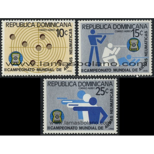 SELLOS DE DOMINICANA 1981 - CAMPEONATO DEL MUNDO DE TIRO DE ARMAS NEUMATICAS - 3 VALORES - AEREO