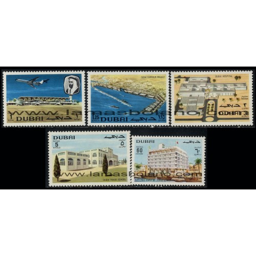 SELLOS DE DUBAI 1970 - CHEIKH RASHID Y VISTAS - 5 VALORES - CORREO