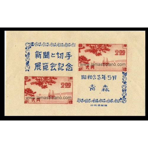 SELLOS DE JAPON 1948 - EXPOSICION TRANSPORTE TOKYO INSCRIPCION AZUL ULTRAMAR - HOJITA BLOQUE SIN DENTAR SEÑAL FIJASELLO