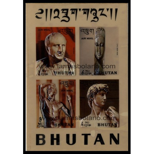 SELLOS DE BHUTAN 1971 - HISTORIA DE LA ESCULTURA - HOJITA BLOQUE AUTOADHESIVA SIN DENTAR