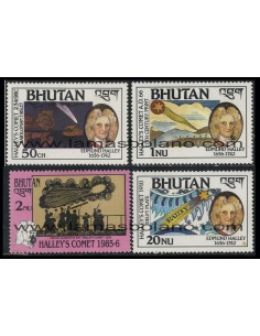 SELLOS DE BHUTAN 1986 - COMETA HALLEY - EDMUND HALLEY ASTRONOMO INGLES - 4 VALORES - CORREO