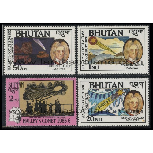 SELLOS DE BHUTAN 1986 - COMETA HALLEY - EDMUND HALLEY ASTRONOMO INGLES - 4 VALORES - CORREO