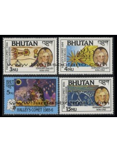 SELLOS DE BHUTAN 1986 - PASO DEL COMETA HALLEY - EDMUND HALLEY ASTRONOMO - 4 VALORES - CORREO