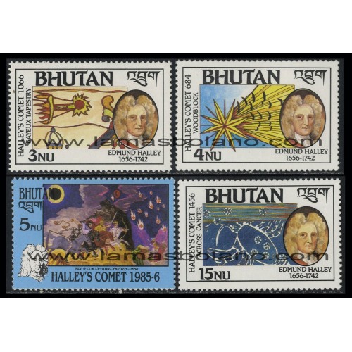 SELLOS DE BHUTAN 1986 - PASO DEL COMETA HALLEY - EDMUND HALLEY ASTRONOMO - 4 VALORES - CORREO