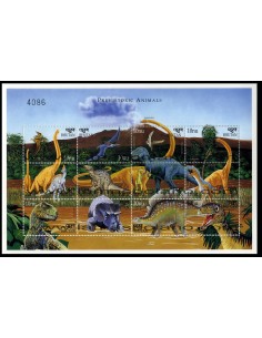 SELLOS DE BHUTAN 1999 - FAUNA PREHISTORICA - 12 VALORES EMITIDOS EN HOJITA - CORREO