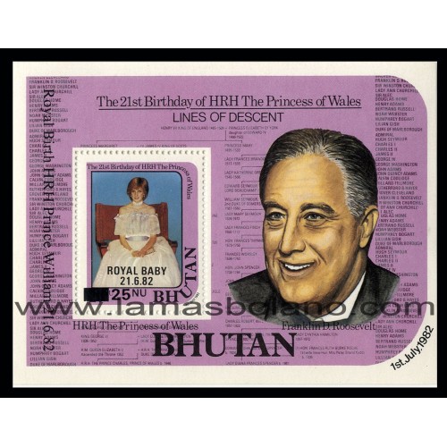 SELLOS DE BHUTAN 1984 - NACIMIENTO DEL PRINCIPE WILLIAM DE INGLATERRA - FRANKLIN D. ROOSEVELT - HOJITA BLOQUE SOBRECARGADA