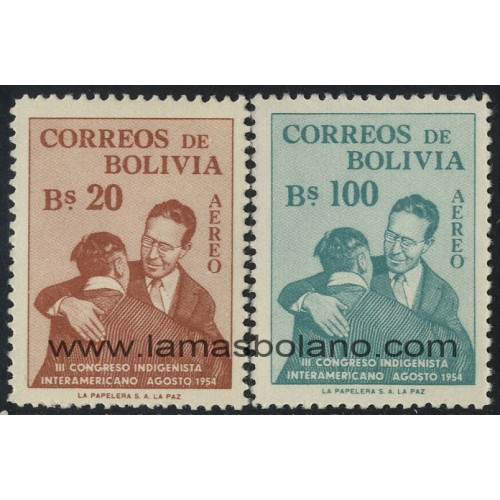 SELLOS DE BOLIVIA 1954 - III CONGRESO INDIGENISTA INTERAMERICANO - 2 VALORES - AEREO