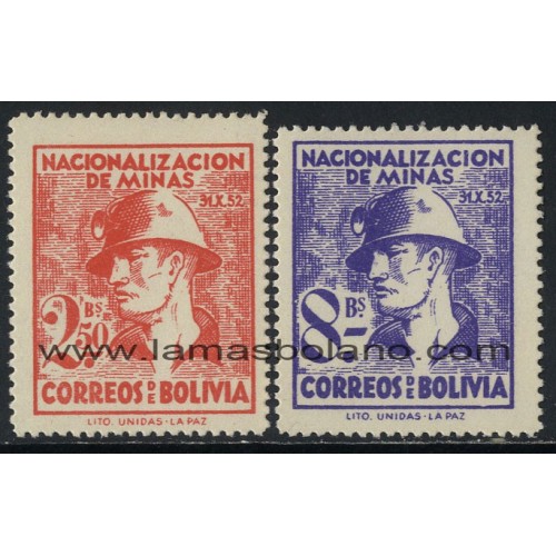 SELLOS DE BOLIVIA 1953 - NACIONALIZACION DE LA MINERIA - 2 VALORES - CORREO