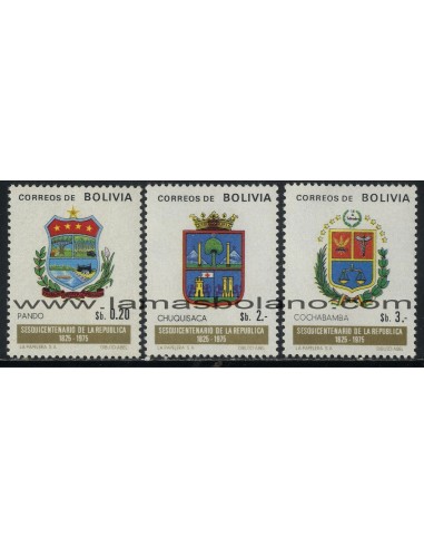 SELLOS DE BOLIVIA 1975 - 150 ANIVERSARIO DE LA REPUBLICA - ESCUDOS DEPARTAMENTALES - 3 VALORES - CORREO