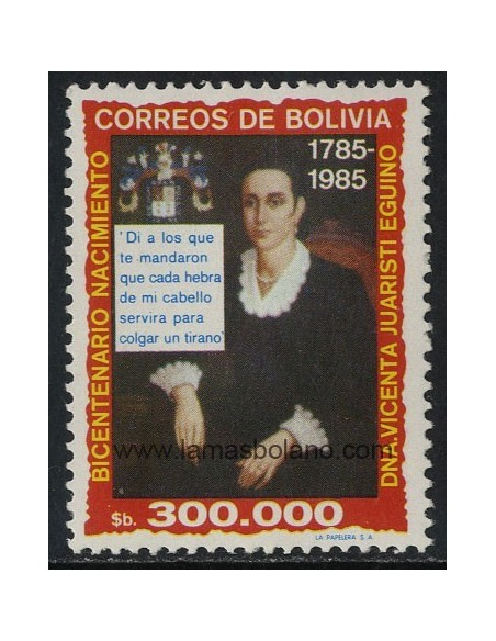 SELLOS DE BOLIVIA 1985 - VICENTA JUARISTI EGUINO BICENTENARIO NACIMIENTO - 1 VALOR - CORREO
