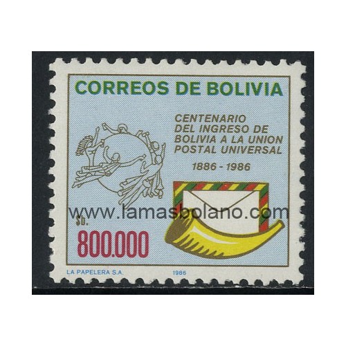 SELLOS DE BOLIVIA 1986 - CENTENARIO DE LA ADHESION DE BOLIVIA A LA UPU UNION POSTAL UNIVERSAL - 1 VALOR - CORREO