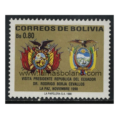 SELLOS DE BOLIVIA 1990 - VISITA DEL PRESIDENTE DE ECUADOR RODRIGO BORJA CEVALLOS - 1 VALOR - CORREO