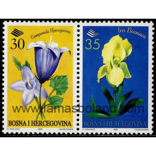 SELLOS DE BOSNIA HERZEGOVINA 1996 - FLORES - CAMPANULA HERCEGOVINA - IRIS BOSNIACA - 2 VALORES - CORREO