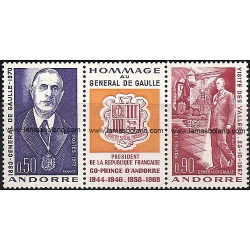 SELLOS DE ANDORRA FRANCESA 1972 - DE GAULLE HOMENAJE AL GENERAL - 2 VALORES CORREO 