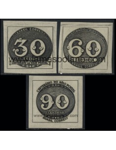 SELLOS DE BRASIL 1943 - CENTENARIO DEL SELLO DE BRASIL - 3 VALORES SIN DENTAR CON FIJASELLO - CORREO