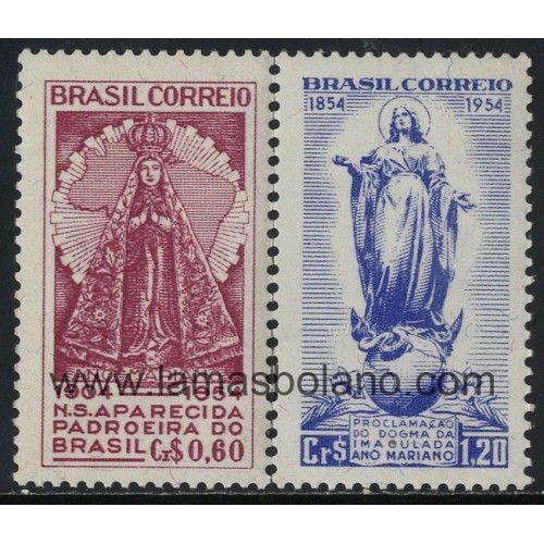SELLOS DE BRASIL 1954 - AÑO MARIANO - 2 VALORES FIJASELLO - CORREO