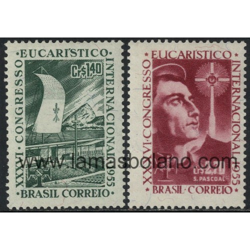 SELLOS DE BRASIL 1955 - 36 CONGRESO EUCARISTICO EN RIO DE JANEIRO - 2 VALORES SEÑAL FIJASELLO - CORREO