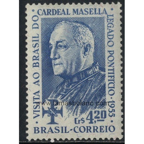SELLOS DE BRASIL 1955 - CARDENAL MASELLA LEGADO PONTIFICAL - 1 VALOR SEÑAL FIJASELLO - CORREO