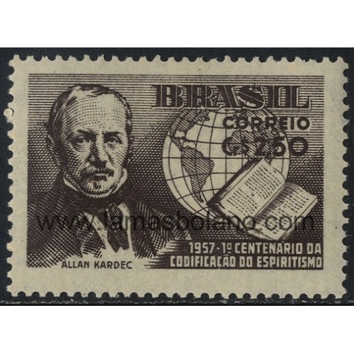 SELLOS DE BRASIL 1957 - CENTENARIO DE LA CODIFICACION DEL ESPIRITISMO - DENIZARD-RIVAIL - 1 VALOR SEÑAL FIJASELLO - CORREO