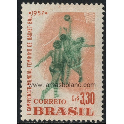 SELLOS DE BRASIL 1957 - II CAMPEONATO MUNDIAL DE BALONCESTO FEMENINO - 1 VALOR SEÑAL FIJASELLO - CORREO