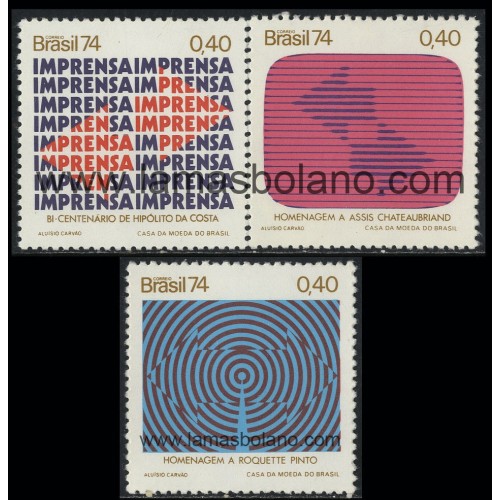SELLOS DE BRASIL 1974 - MEDIOS DE COMUNICACION - 3 VALORES - CORREO
