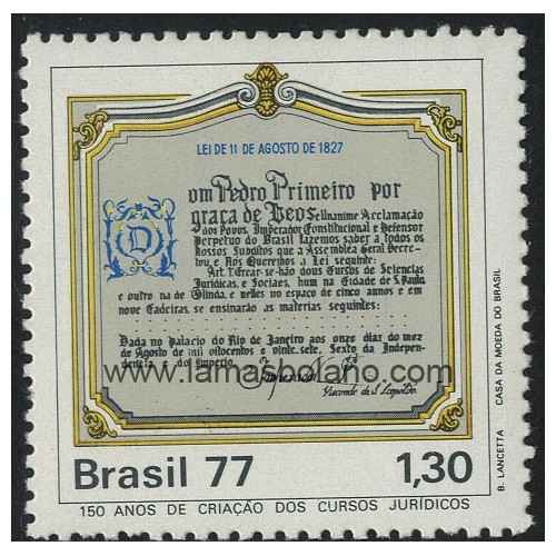 SELLOS DE BRASIL 1977 - 150 ANIVERSARIO DE LA ESCUELA DE DERECHO - 1 VALOR - CORREO