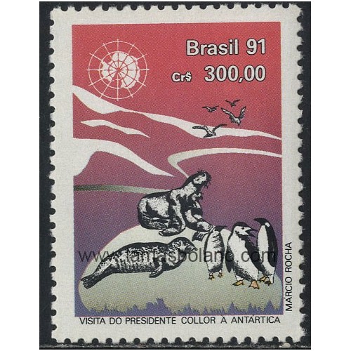 SELLOS DE BRASIL 1991 - FERNANDO COLLOR PRESIDENTE VISITA A LA ANTARTIDA - 1 VALOR - CORREO