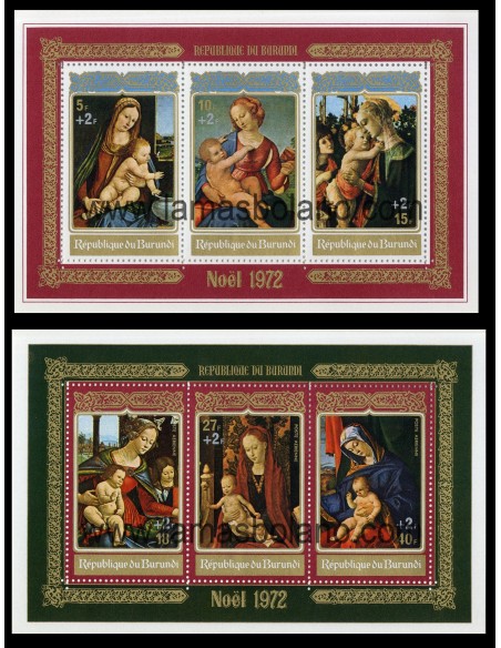 SELLOS DE BURUNDI 1972 - NAVIDAD - PINTURA LA VIRGEN Y EL NIÑO - 2 HOJITAS BLOQUE SOBRECARGADAS