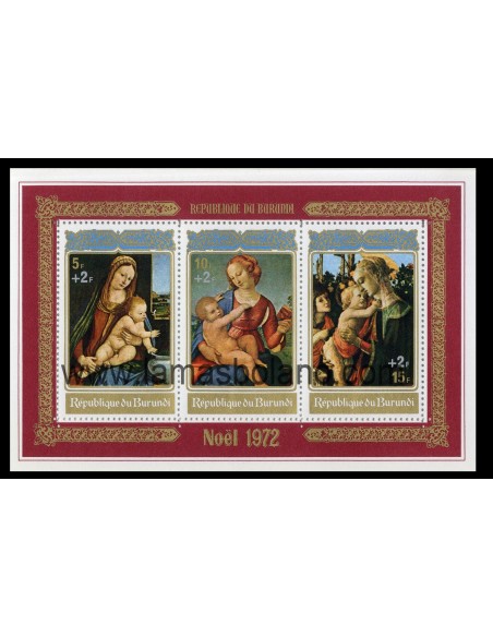 SELLOS DE BURUNDI 1972 - NAVIDAD - PINTURA LA VIRGEN Y EL NIÑO - 2 HOJITAS BLOQUE SOBRECARGADAS