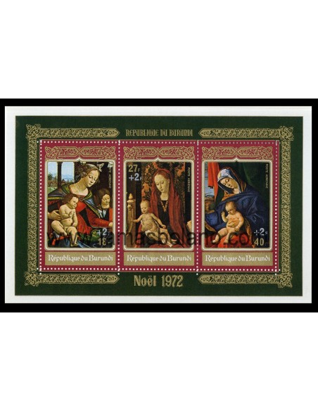 SELLOS DE BURUNDI 1972 - NAVIDAD - PINTURA LA VIRGEN Y EL NIÑO - 2 HOJITAS BLOQUE SOBRECARGADAS