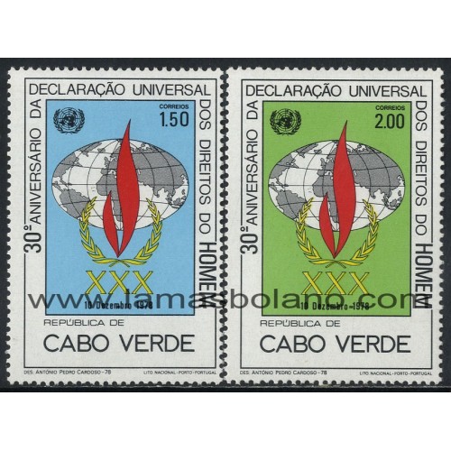 SELLOS DE CABO VERDE 1978 - DERECHOS HUMANOS 30 ANIVERSARIO DE LA DECLARACION MUNDIAL - 2 VALORES - CORREO